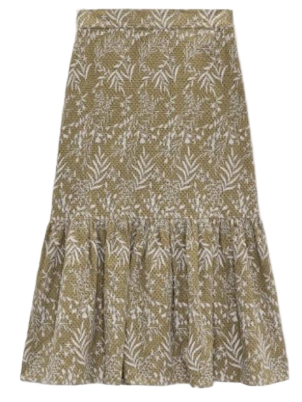 Zara Olive Green Embroidered Midi Skirt Boho Ruffled Tiered XS